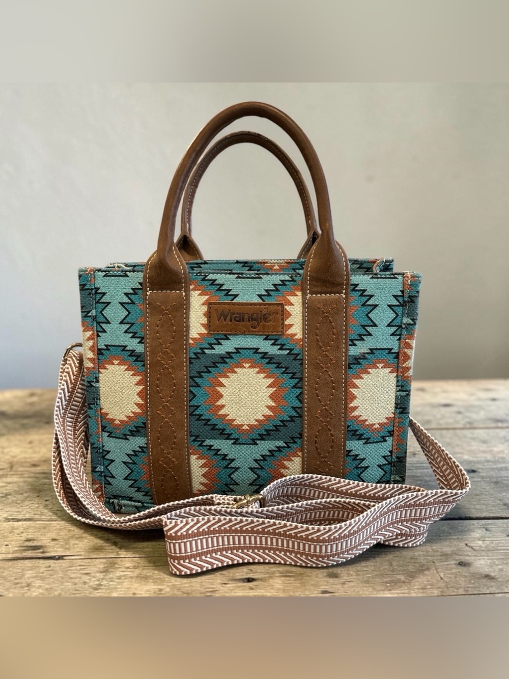 Wrangler Southwestern Aztec Print Mini Tote Crossbody Bag Turquoise Canvas